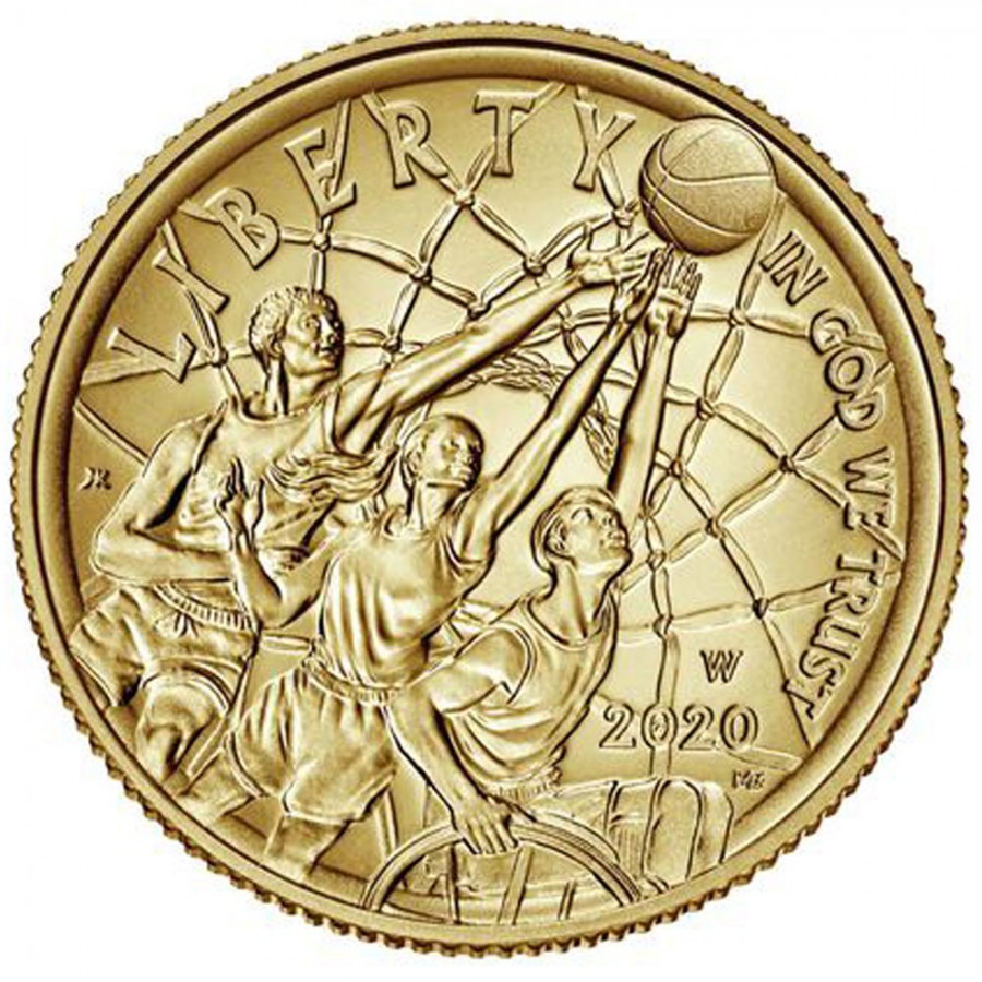 USA BASKETBALL HALL OF FAME $5 Five Dollars Gold Coin Concave Convex Shaped 2020 Uncirculated